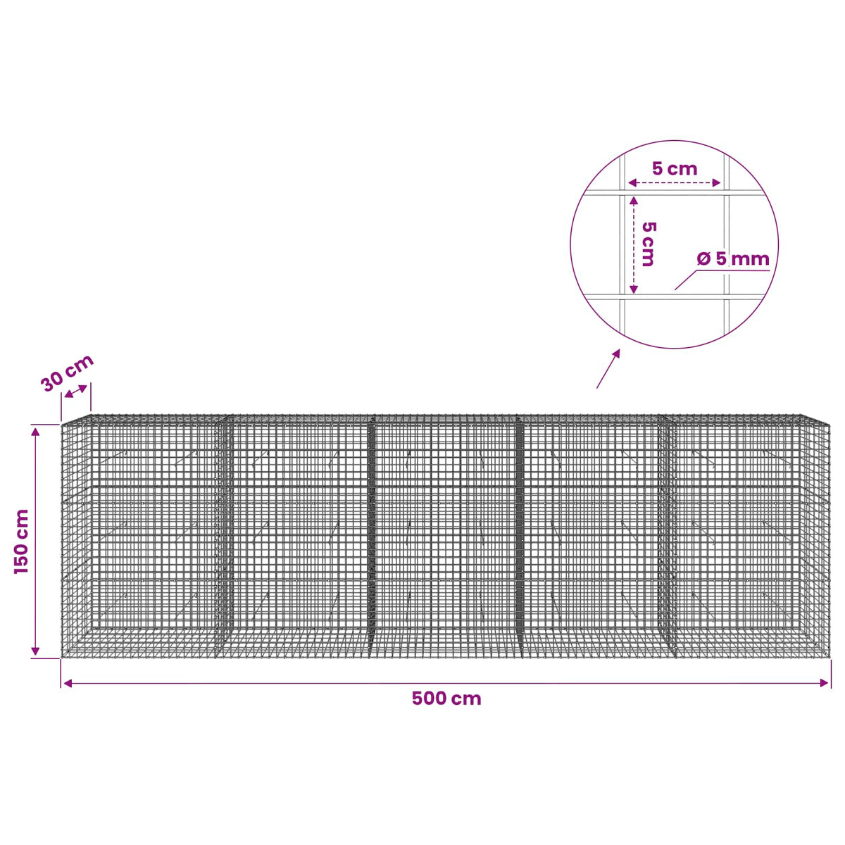 Gabionas su 5 mm viela ir 5x5 cm tinkleliu 500x30x150 cm