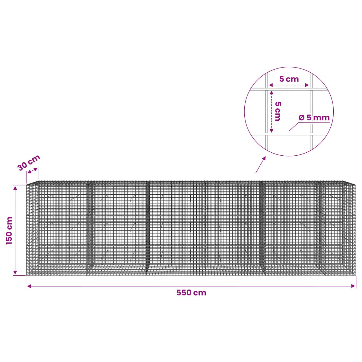 Gabionas su 5 mm viela ir 5x5 cm tinkleliu 550x30x150 cm