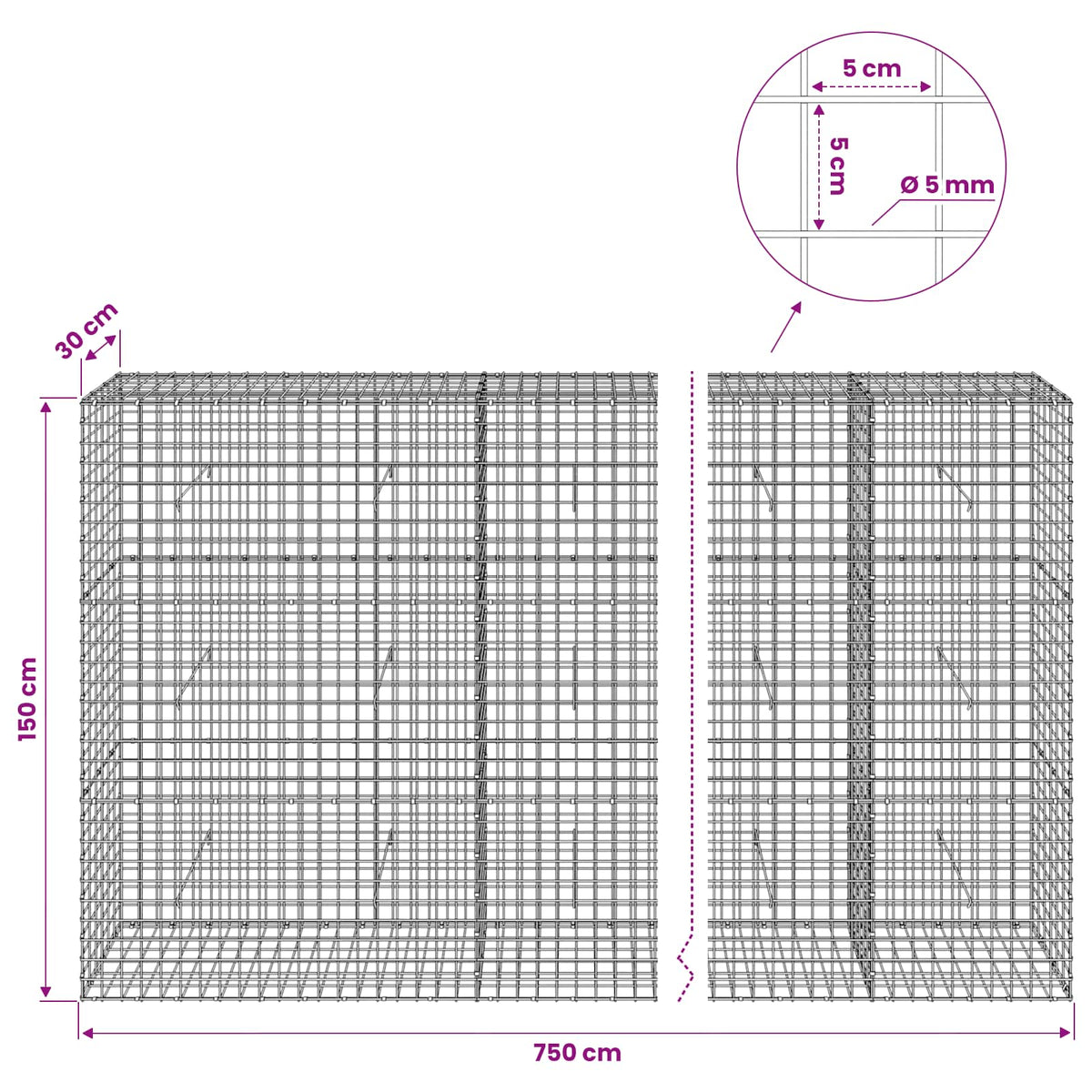 Gabionas su 5 mm viela ir 5x5 cm tinkleliu 750x30x150 cm