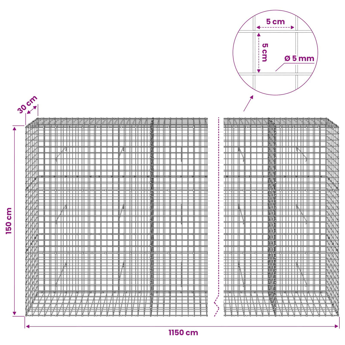 Gabionas su 5 mm viela ir 5x5 cm tinkleliu 1150x30x150 cm