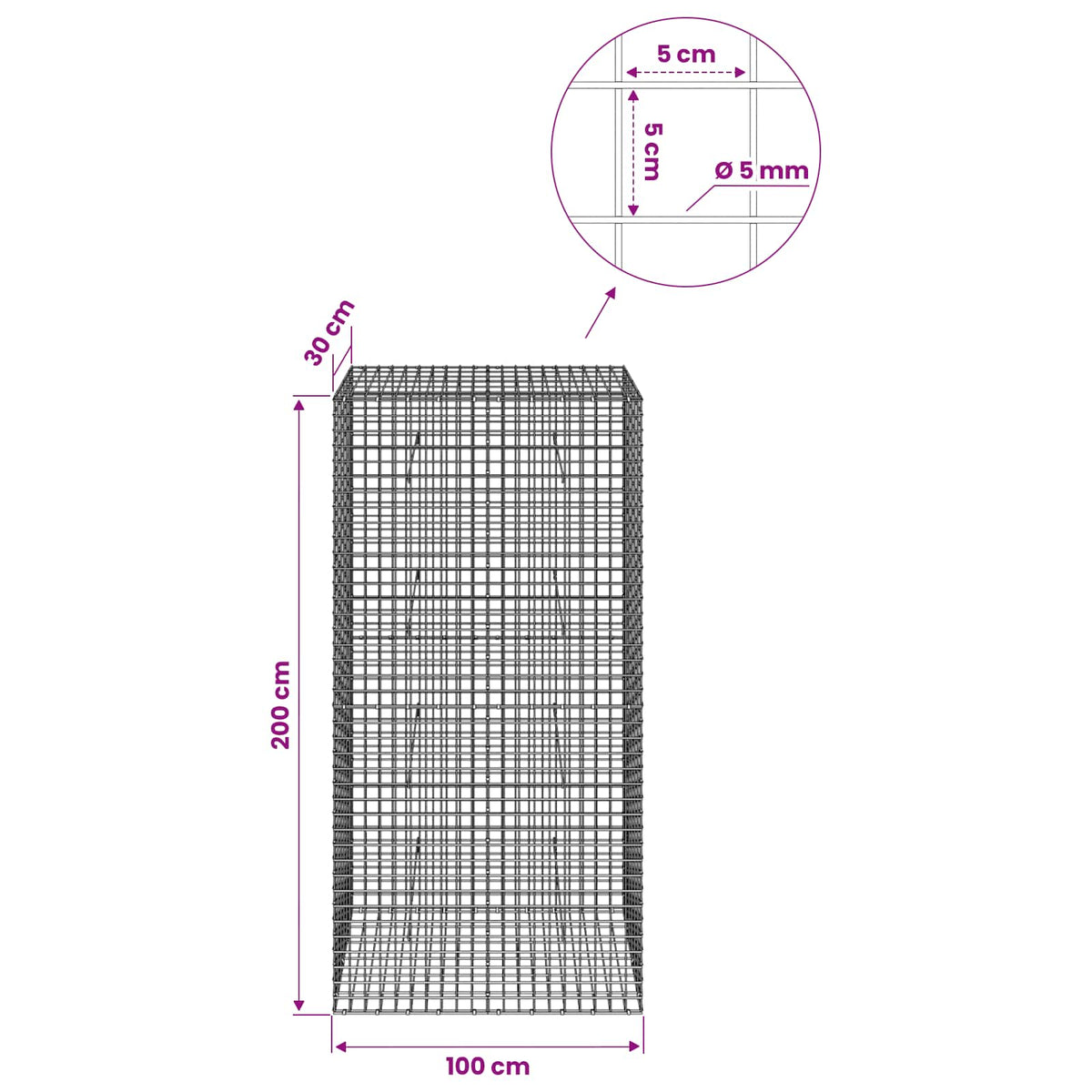 Gabionas su 5 mm viela ir 5x5 cm tinkleliu 100x30x200 cm
