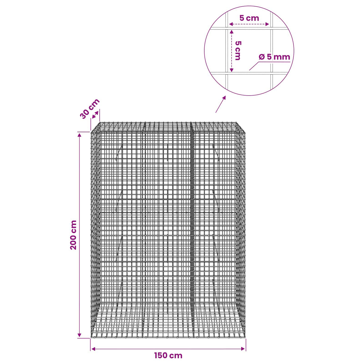 Gabionas su 5 mm viela ir 5x5 cm tinkleliu 150x30x200 cm