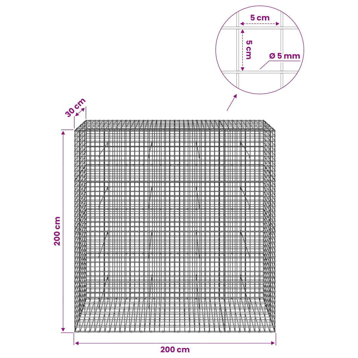 Gabionas su 5 mm viela ir 5x5 cm tinkleliu 200x30x200 cm