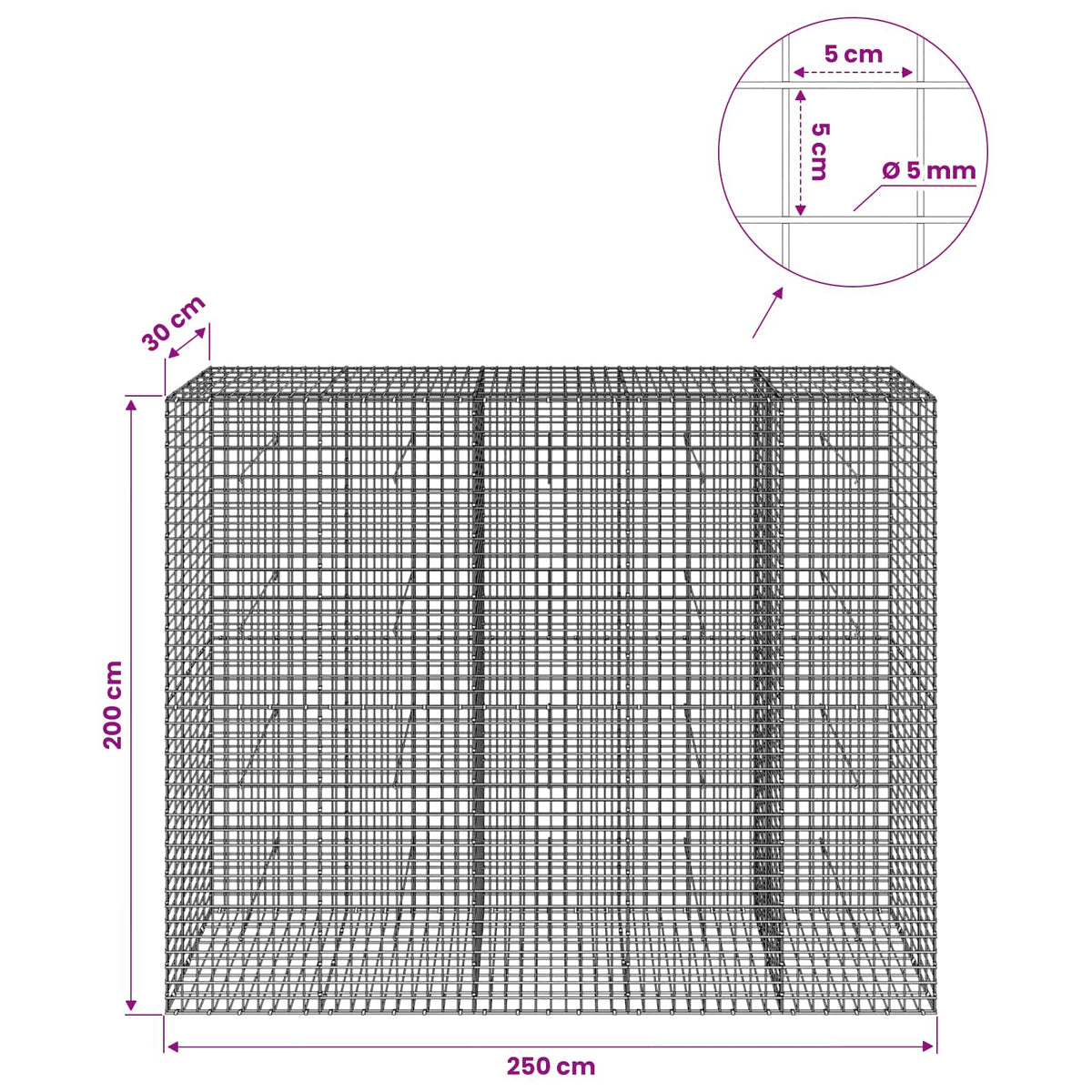 Gabionas su 5 mm viela ir 5x5 cm tinkleliu 250x30x200 cm