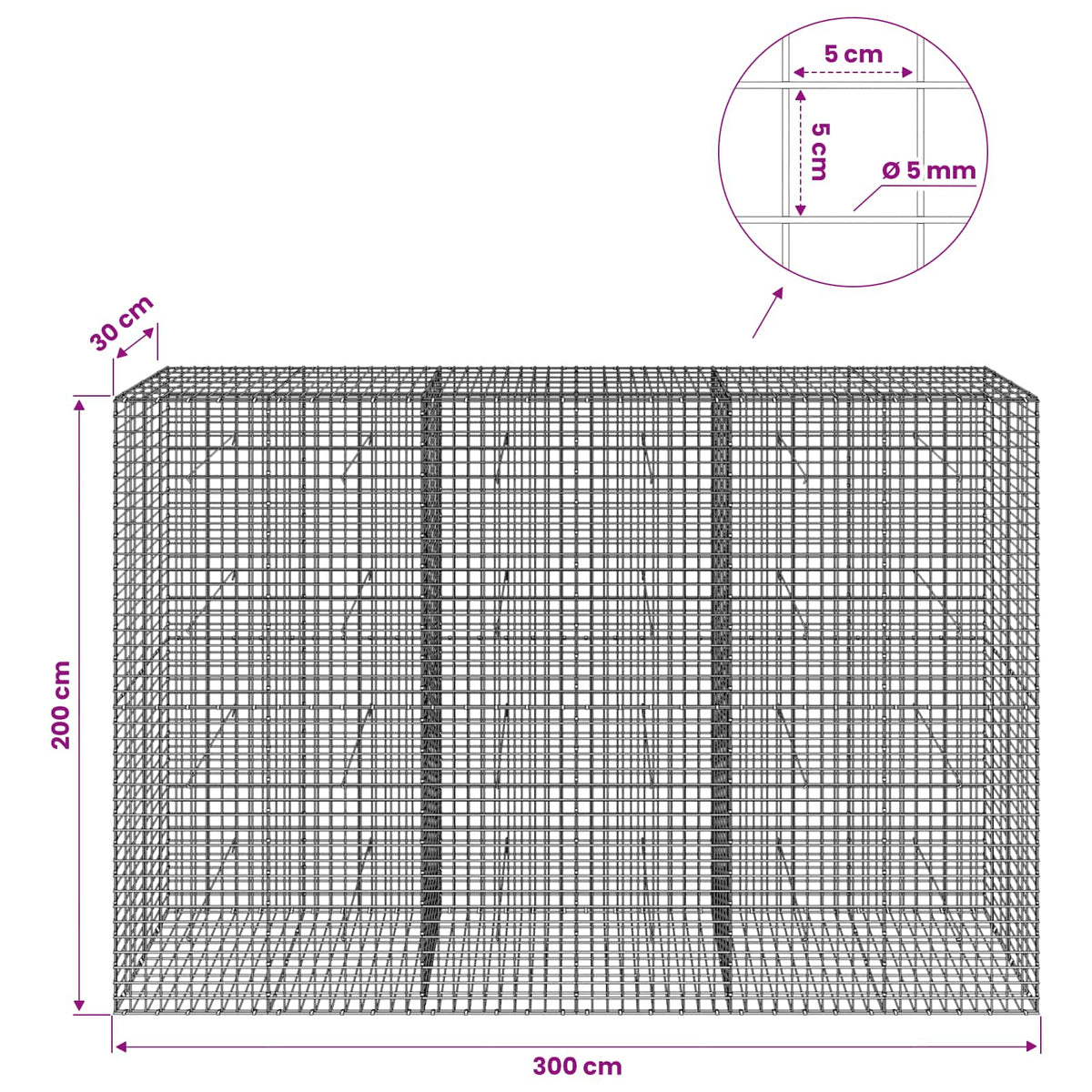 Gabionas su 5 mm viela ir 5x5 cm tinkleliu 300x30x200 cm