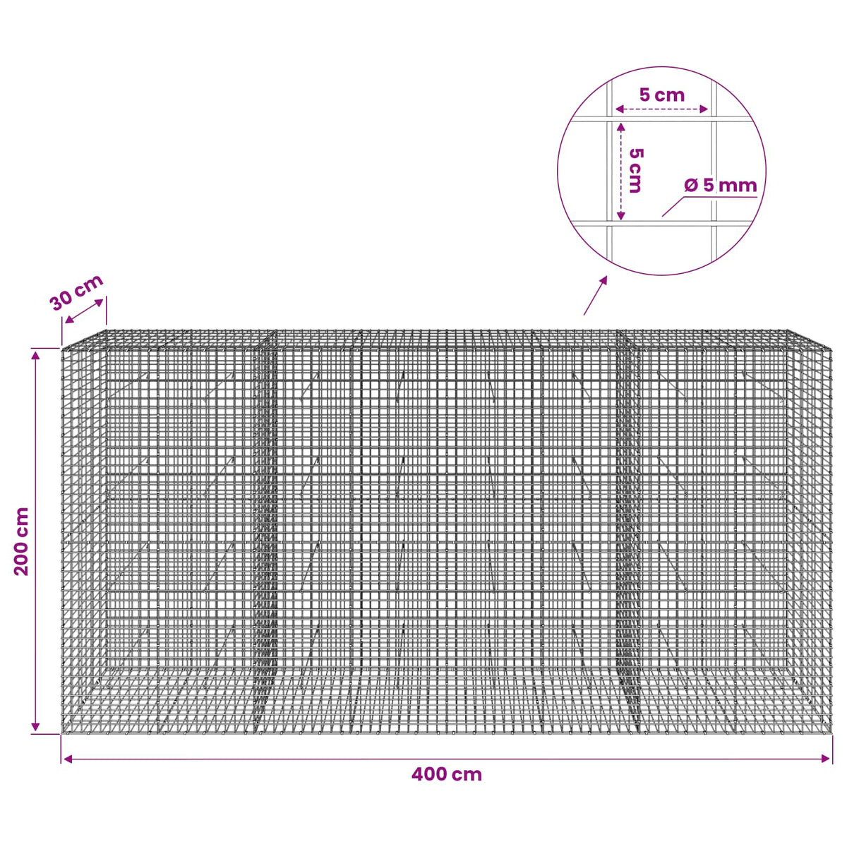 Gabionas su 5 mm viela ir 5x5 cm tinkleliu 400x30x200 cm