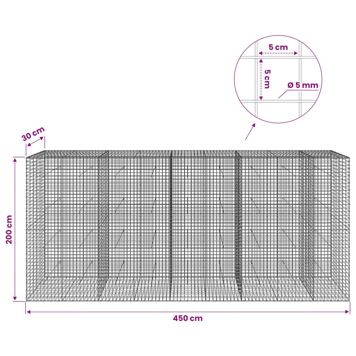Gabionas su 5 mm viela ir 5x5 cm tinkleliu 450x30x200 cm