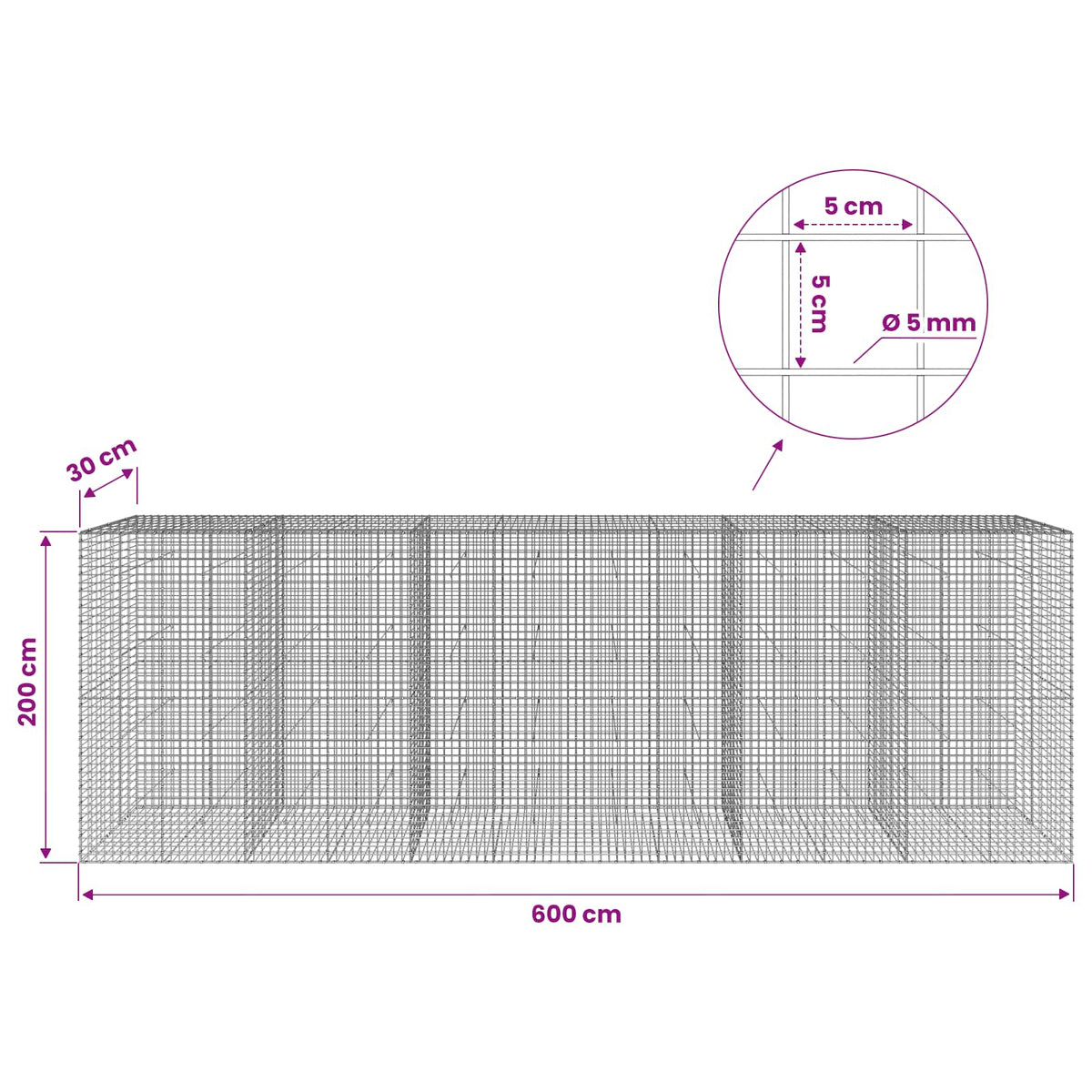 Gabionas su 5 mm viela ir 5x5 cm tinkleliu 600x30x200 cm