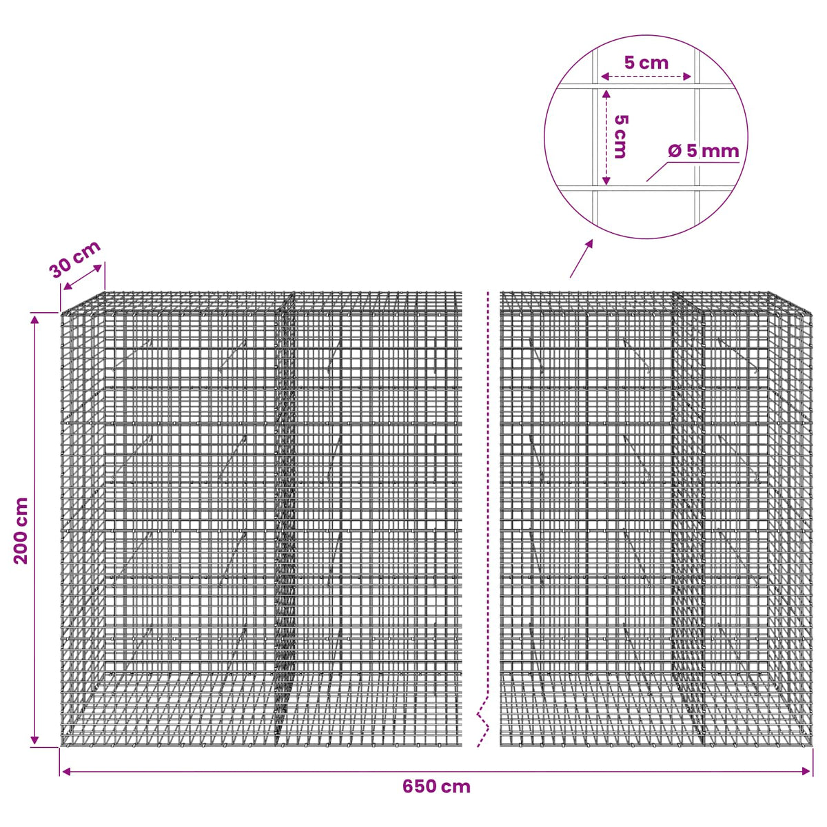 Gabionas su 5 mm viela ir 5x5 cm tinkleliu 650x30x200 cm
