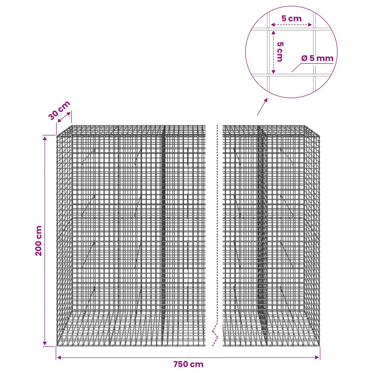 Gabionas su 5 mm viela ir 5x5 cm tinkleliu 750x30x200 cm
