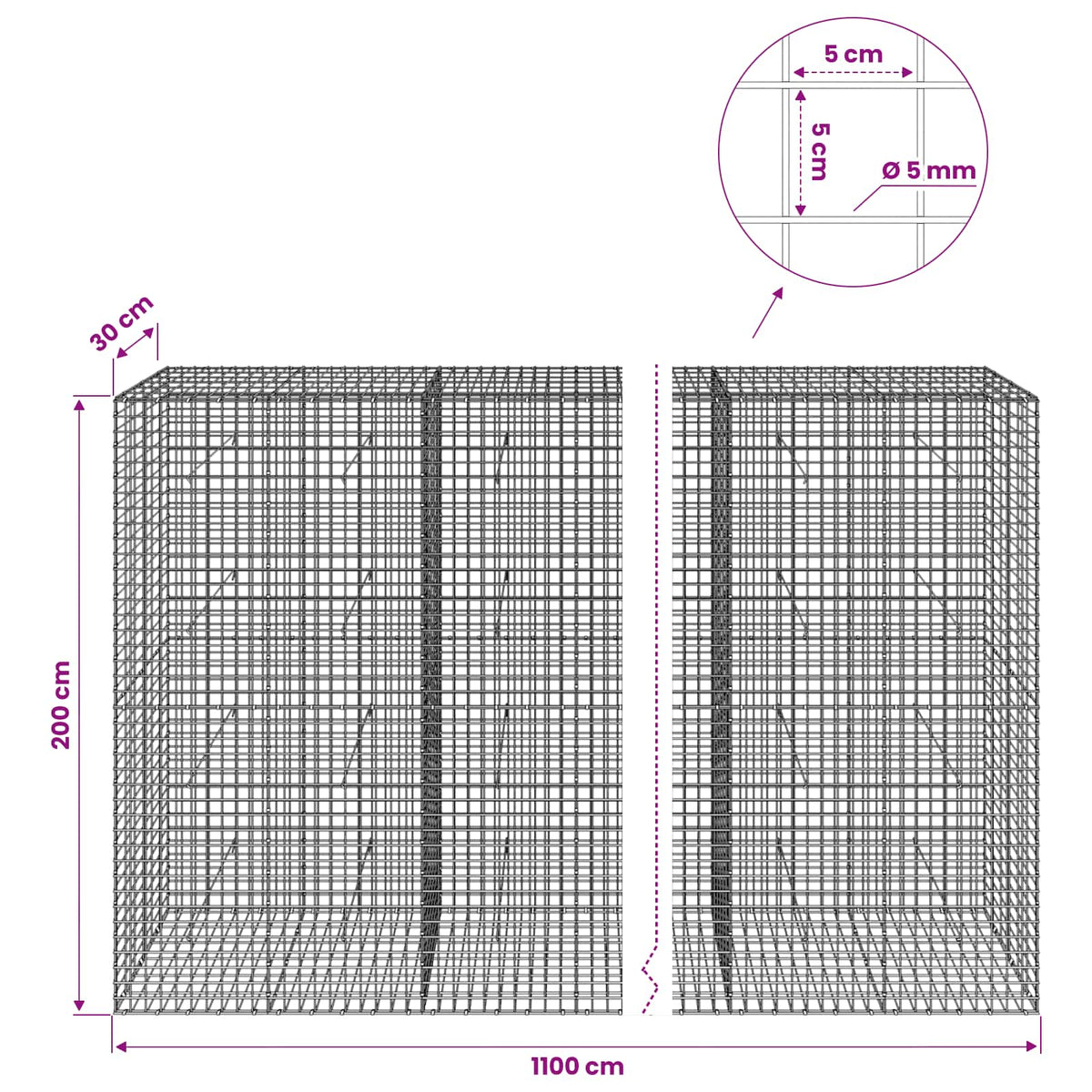 Gabionas su 5 mm viela ir 5x5 cm tinkleliu 1100x30x200 cm