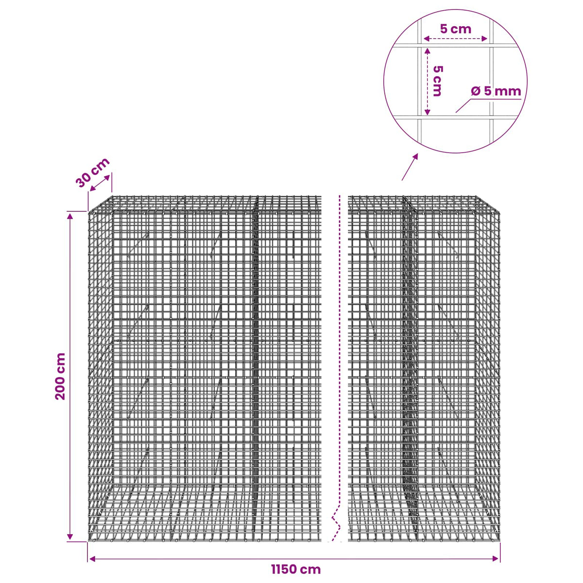 Gabionas su 5 mm viela ir 5x5 cm tinkleliu 1150x30x200 cm