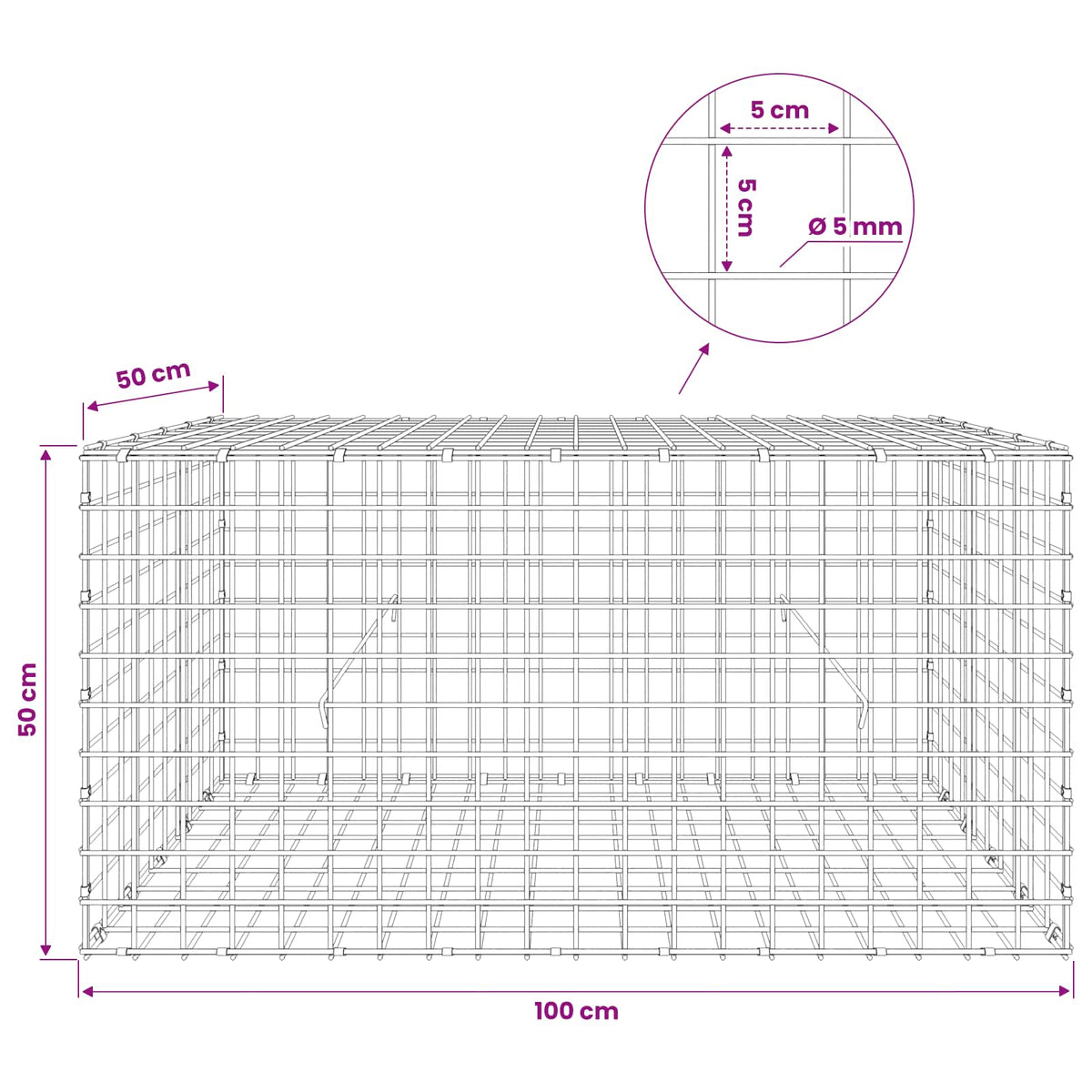Gabionas su 5 mm viela ir 5x5 cm tinkleliu 100x50x50 cm