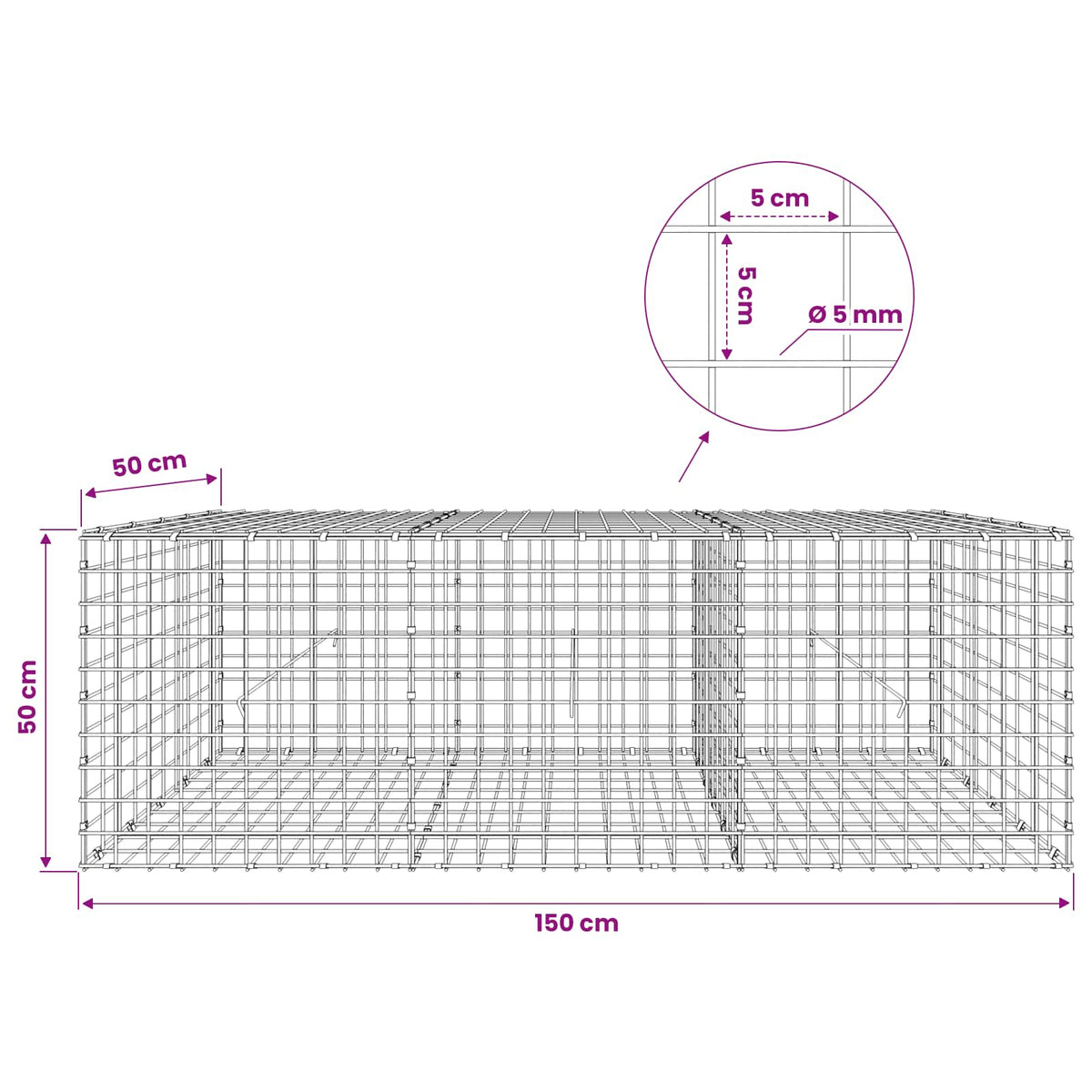 Gabionas su 5 mm viela ir 5x5 cm tinkleliu 150x50x50 cm