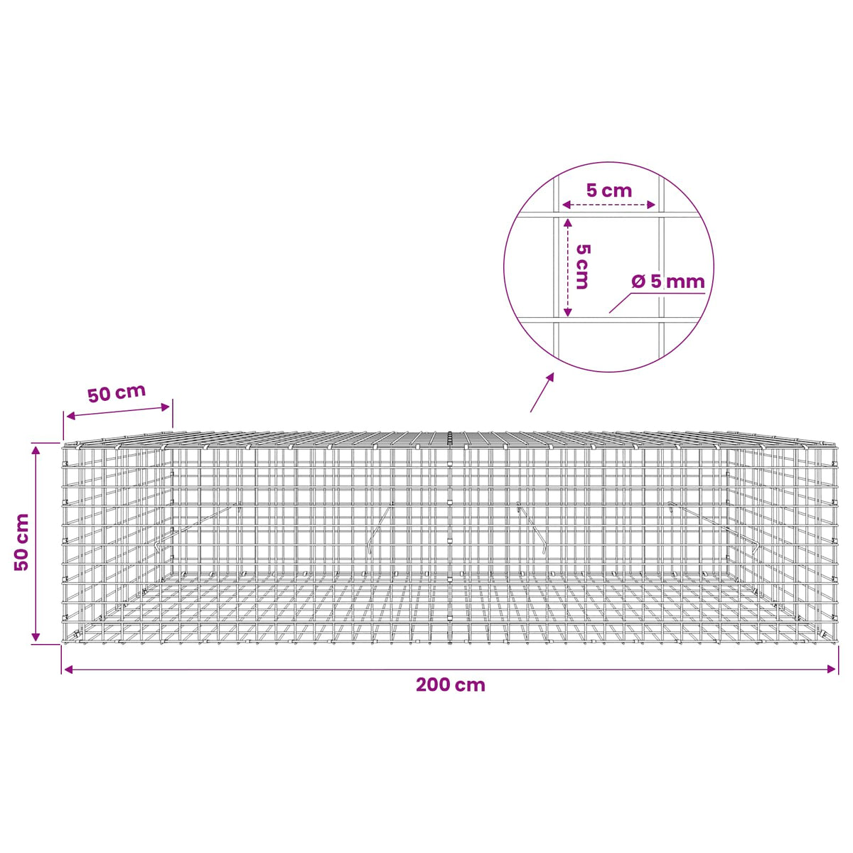 Gabionas su 5 mm viela ir 5x5 cm tinkleliu 200x50x50 cm