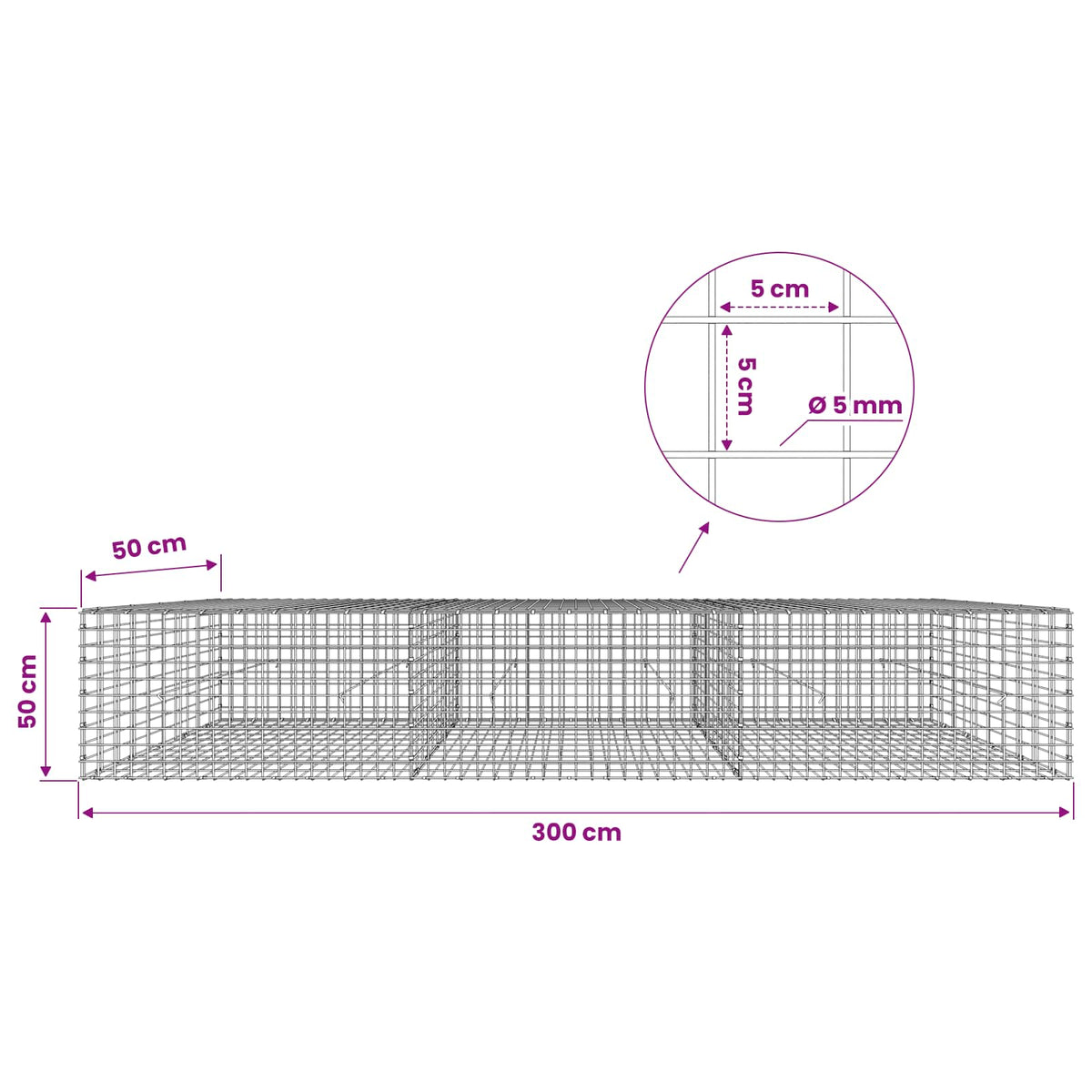 Gabionas su 5 mm viela ir 5x5 cm tinkleliu 300x50x50 cm