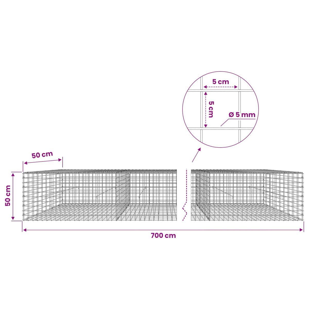 Gabionas su 5 mm viela ir 5x5 cm tinkleliu 700x50x50 cm