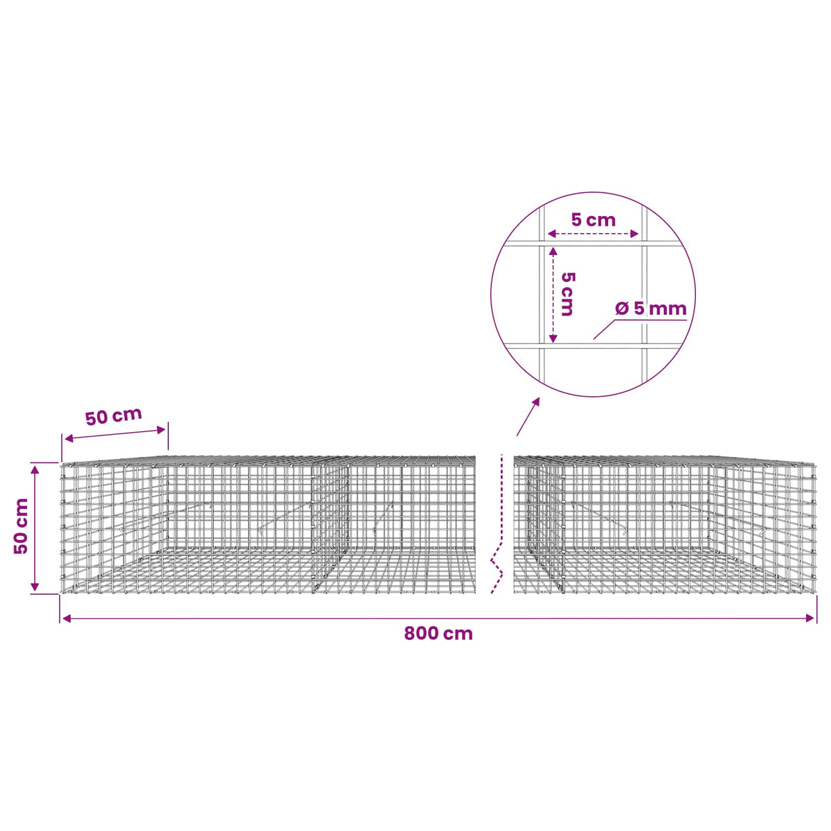 Gabionas su 5 mm viela ir 5x5 cm tinkleliu 800x50x50 cm