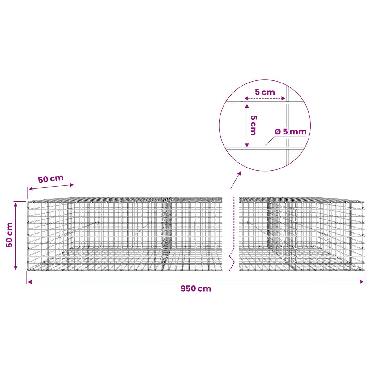 Gabionas su 5 mm viela ir 5x5 cm tinkleliu 950x50x50 cm