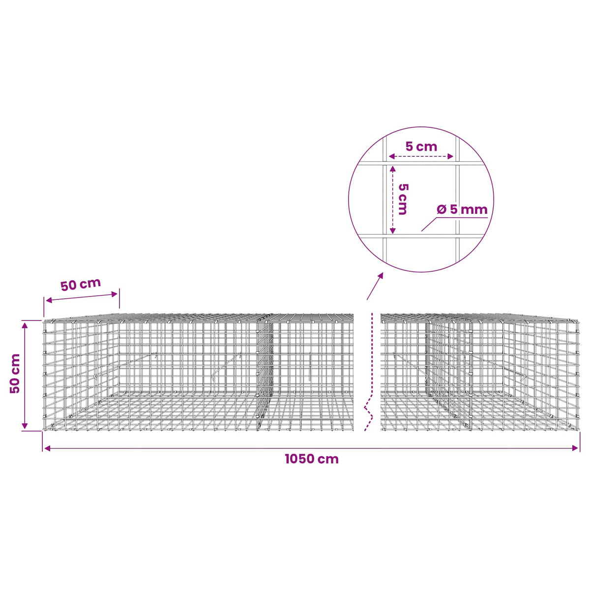 Gabionas su 5 mm viela ir 5x5 cm tinkleliu 1050x50x50 cm