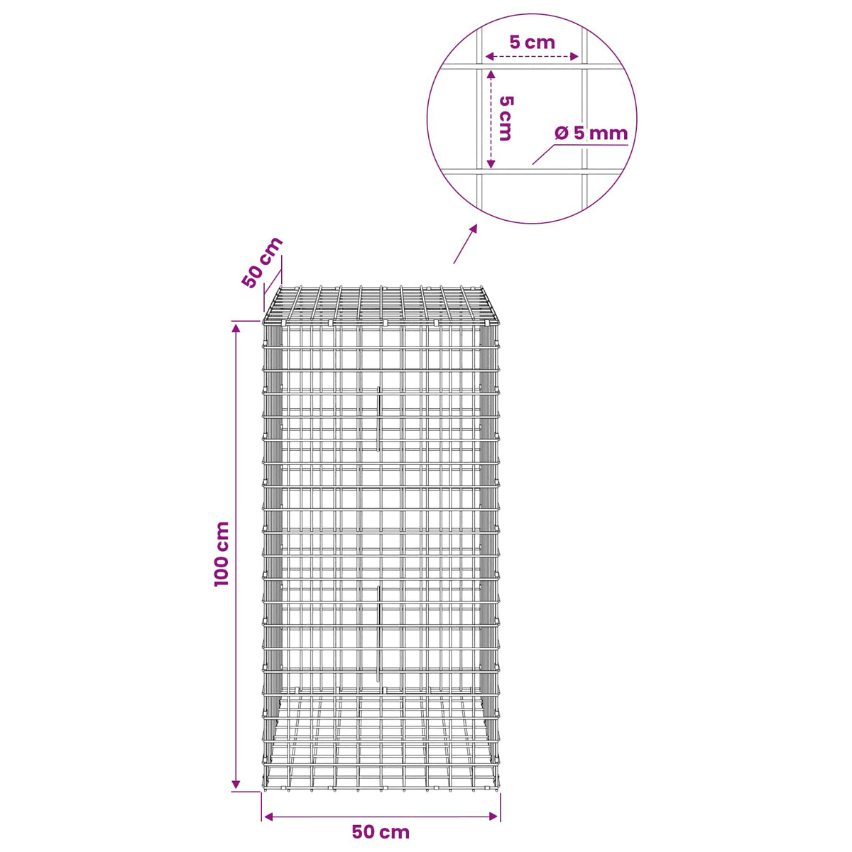 Gabionas su 5 mm viela ir 5x5 cm tinkleliu 50x50x100 cm