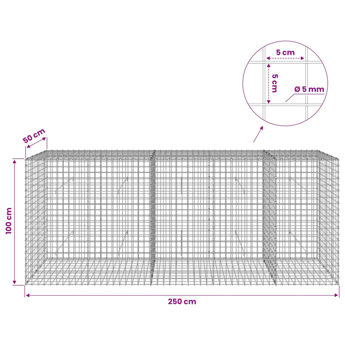 Gabionas su 5 mm viela ir 5x5 cm tinkleliu 250x50x100 cm