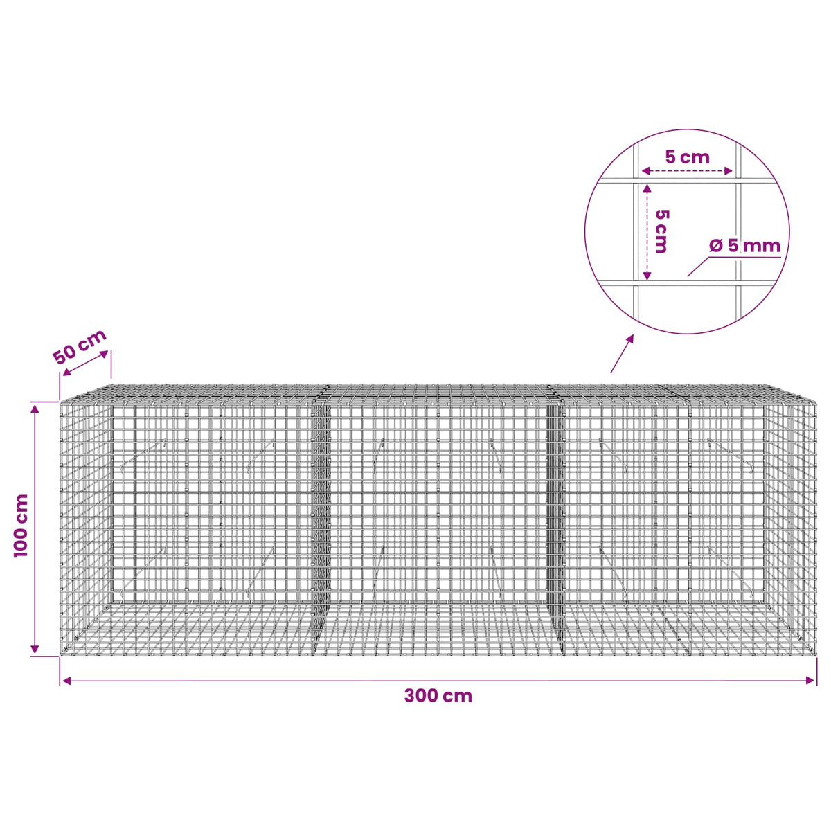 Gabionas su 5 mm viela ir 5x5 cm tinkleliu 300x50x100 cm