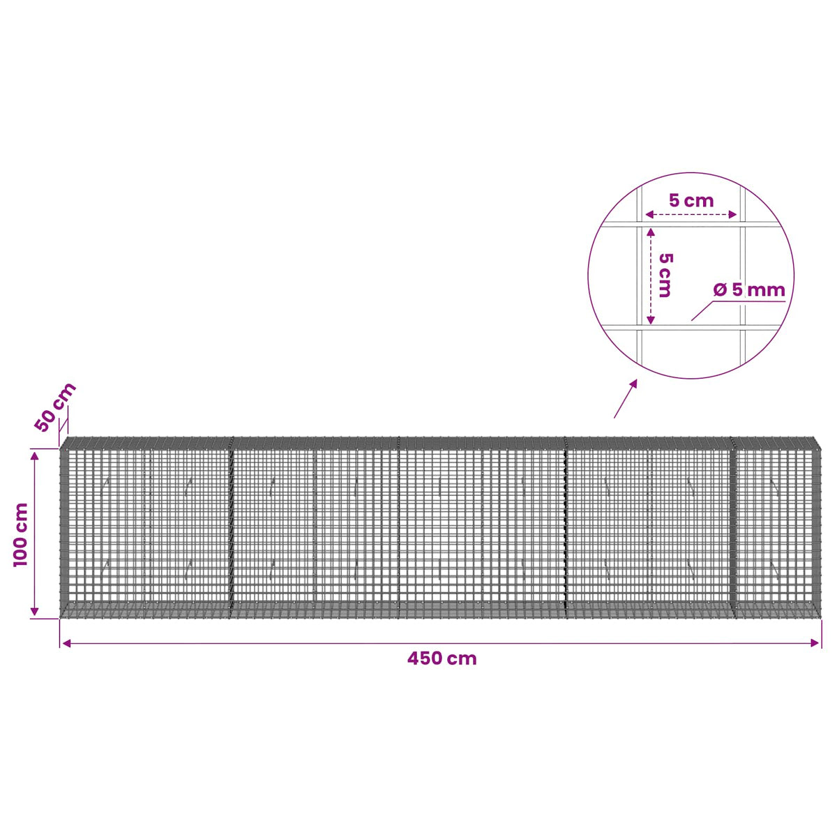 Gabionas su 5 mm viela ir 5x5 cm tinkleliu 450x50x100 cm