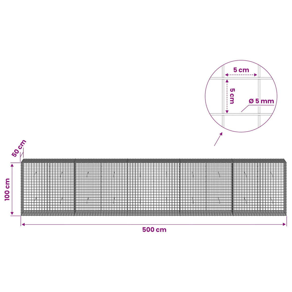 Gabionas su 5 mm viela ir 5x5 cm tinkleliu 500x50x100 cm