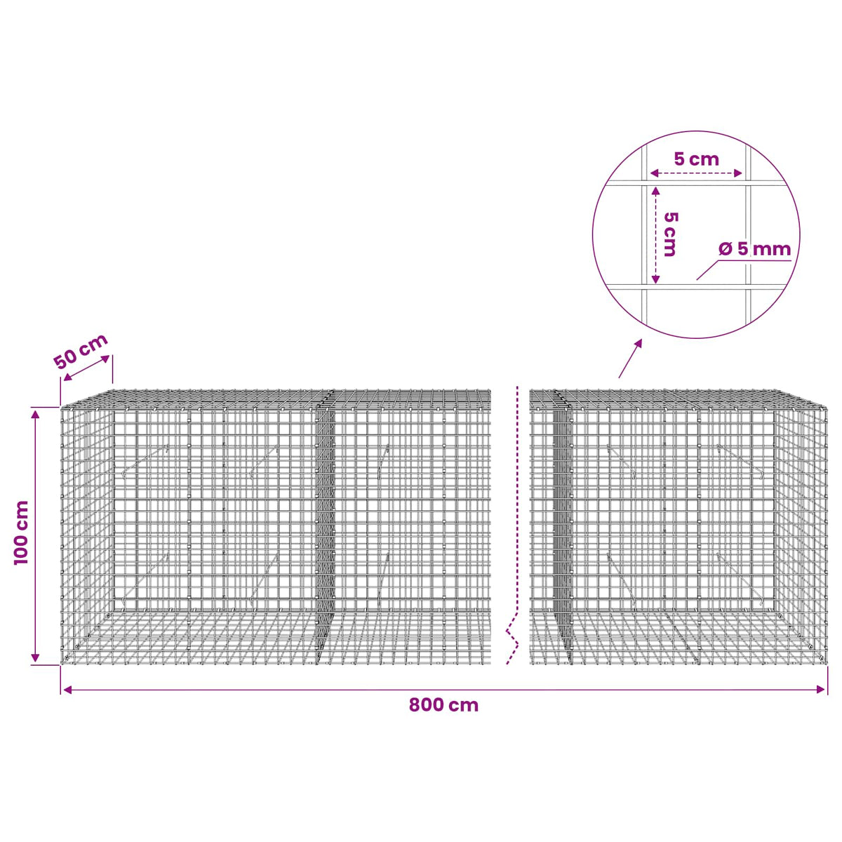 Gabionas su 5 mm viela ir 5x5 cm tinkleliu 800x50x100 cm