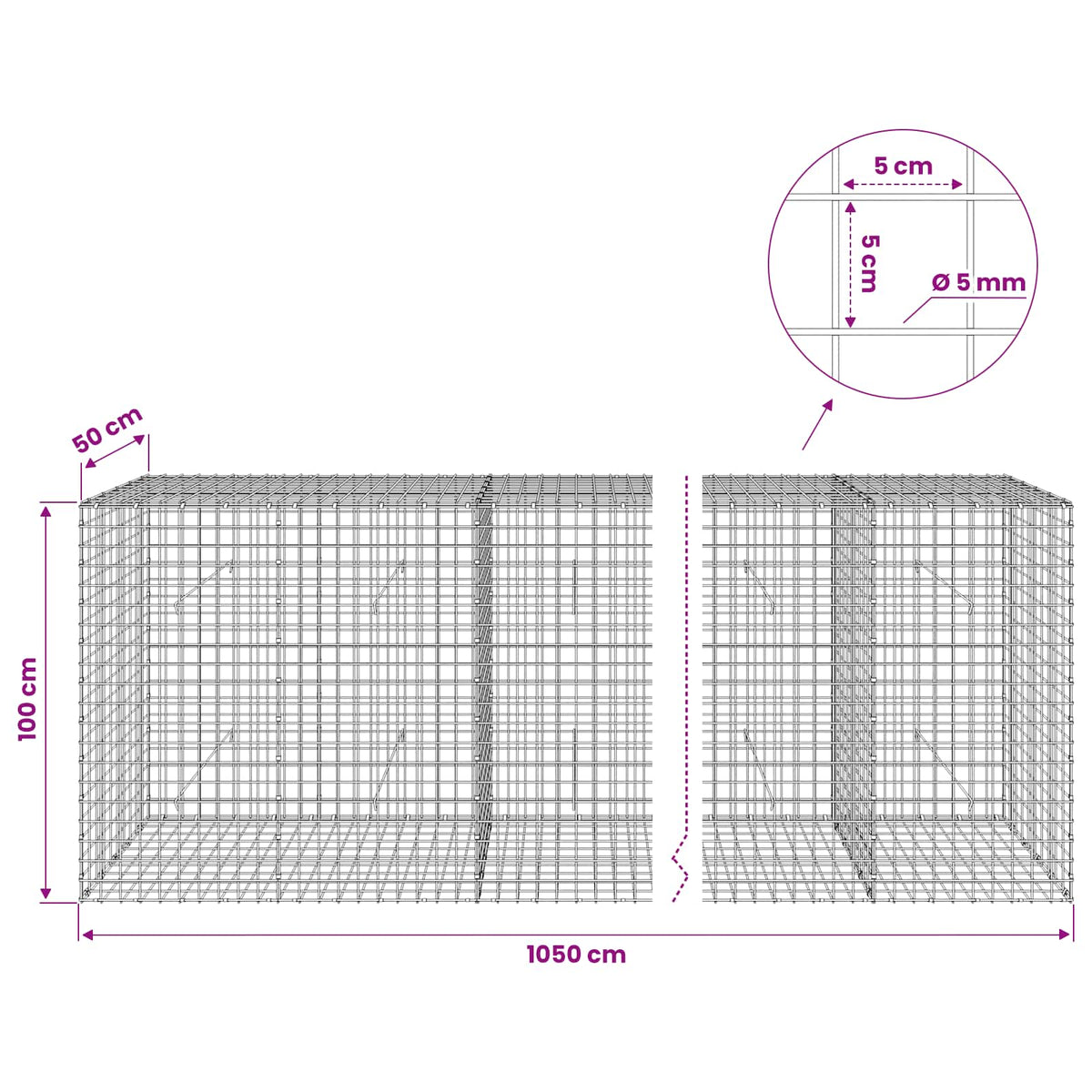 Gabionas su 5 mm viela ir 5x5 cm tinkleliu 1050x50x100 cm