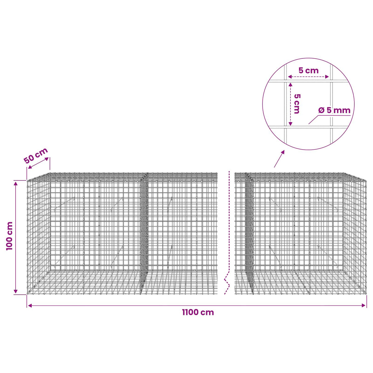 Gabionas su 5 mm viela ir 5x5 cm tinkleliu 1100x50x100 cm