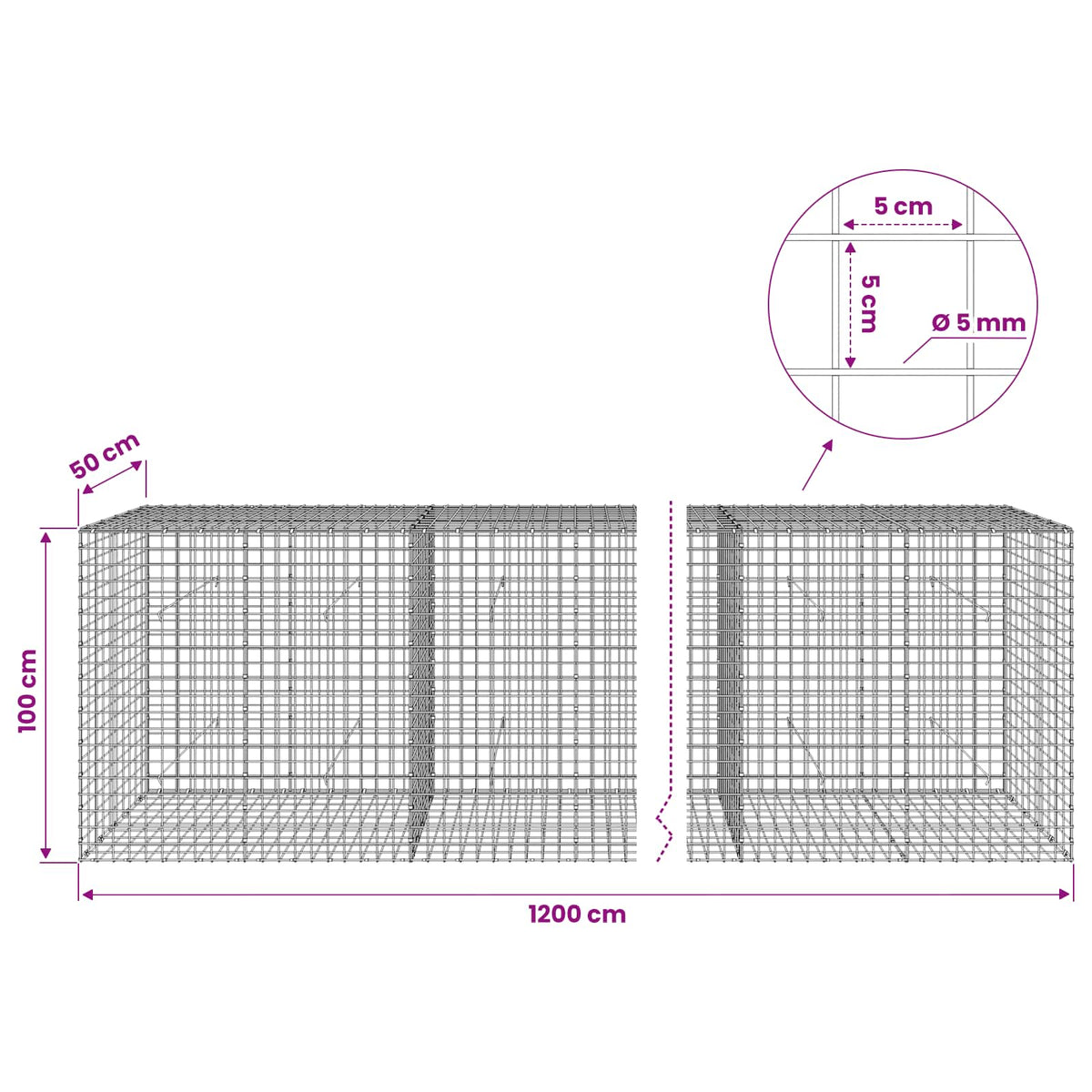 Gabionas su 5 mm viela ir 5x5 cm tinkleliu 1200x50x100 cm