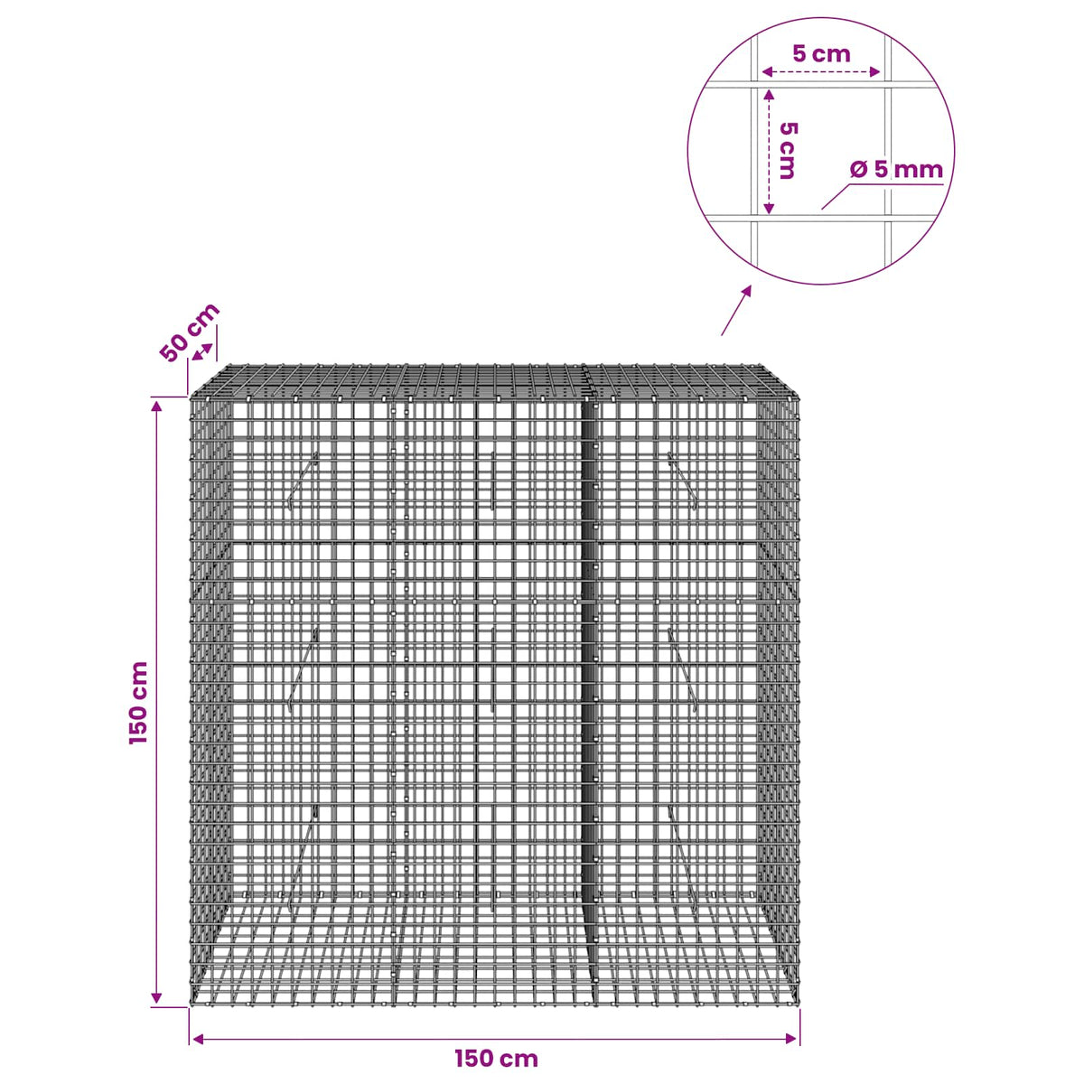 Gabionas su 5 mm viela ir 5x5 cm tinkleliu 150x50x150 cm