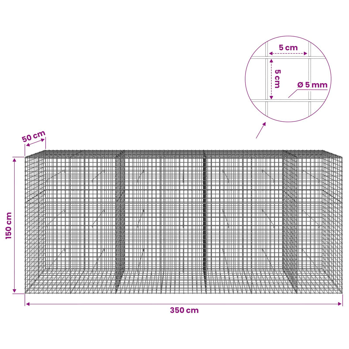 Gabionas su 5 mm viela ir 5x5 cm tinkleliu 350x50x150 cm
