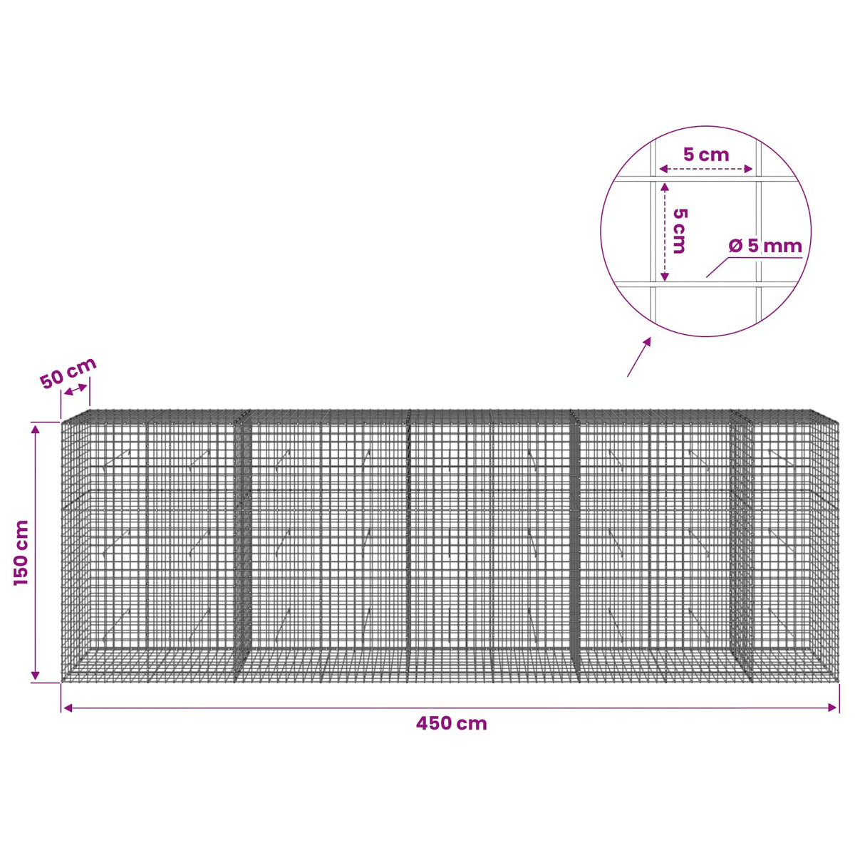 Gabionas su 5 mm viela ir 5x5 cm tinkleliu 450x50x150 cm