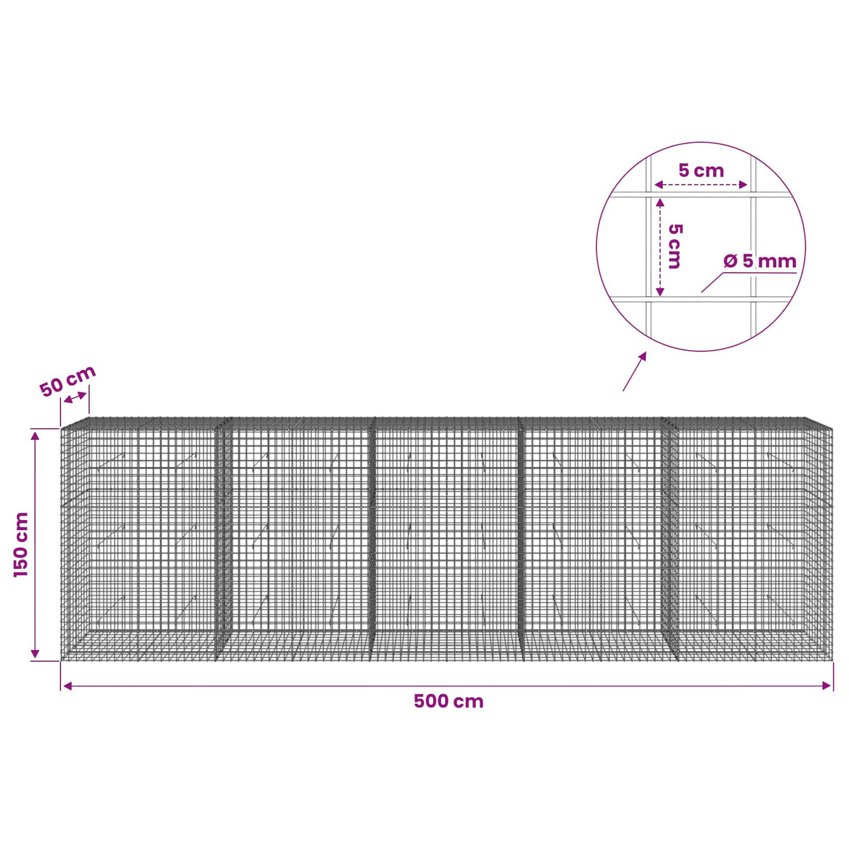 Gabionas su 5 mm viela ir 5x5 cm tinkleliu 500x50x150 cm