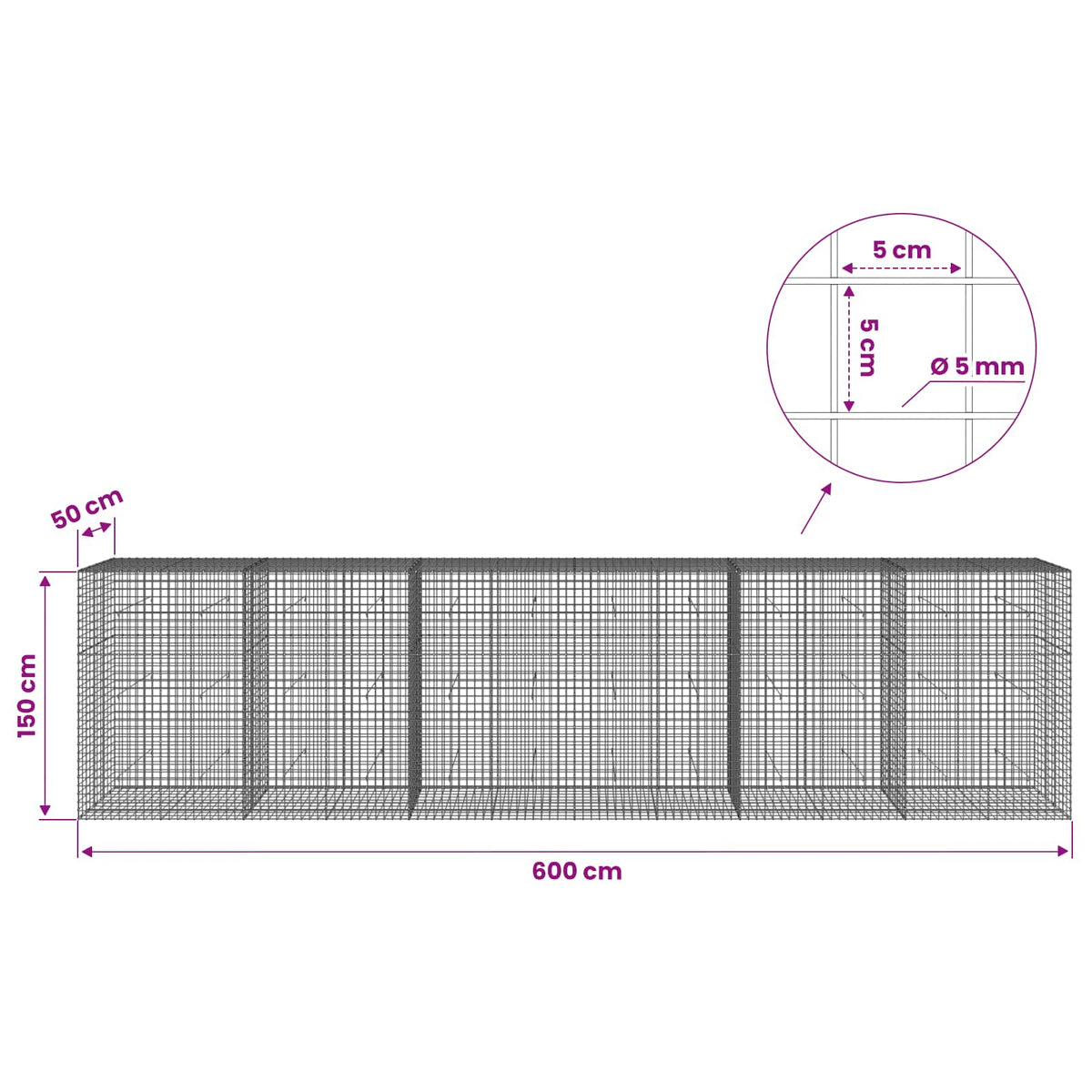 Gabionas su 5 mm viela ir 5x5 cm tinkleliu 600x50x150 cm
