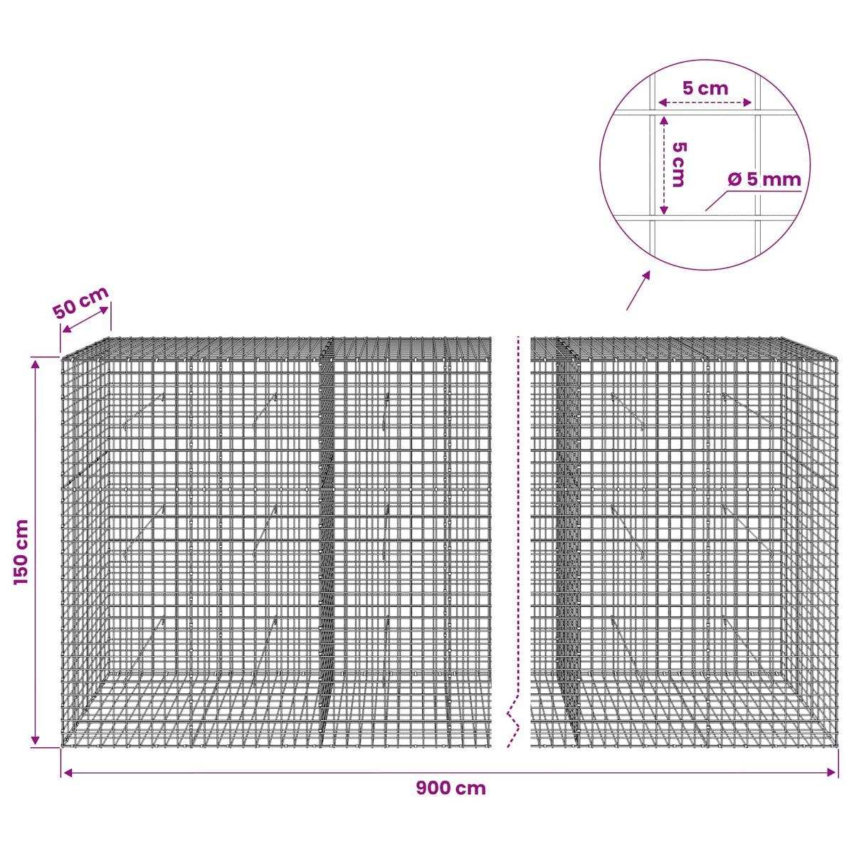 Gabionas su 5 mm viela ir 5x5 cm tinkleliu 900x50x150 cm