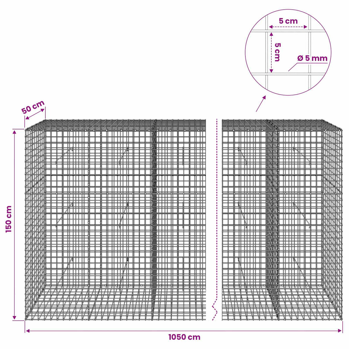 Gabionas su 5 mm viela ir 5x5 cm tinkleliu 1050x50x150 cm