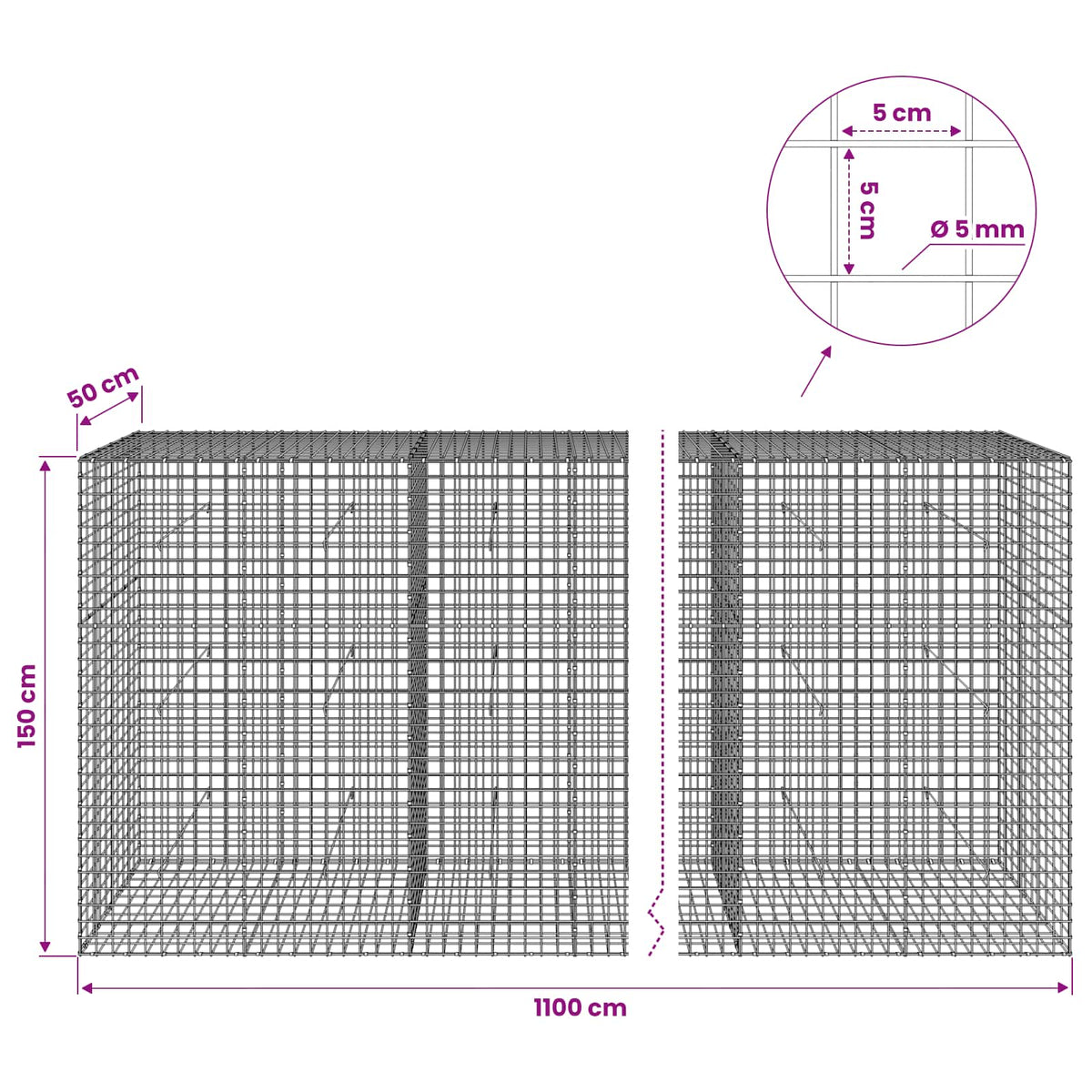 Gabionas su 5 mm viela ir 5x5 cm tinkleliu 1100x50x150 cm