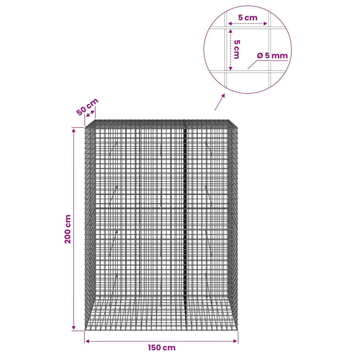 Gabionas su 5 mm viela ir 5x5 cm tinkleliu 150x50x200 cm