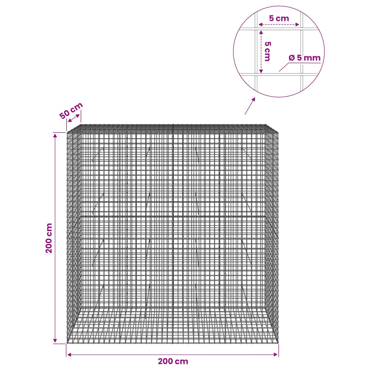 Gabionas su 5 mm viela ir 5x5 cm tinkleliu 200x50x200 cm