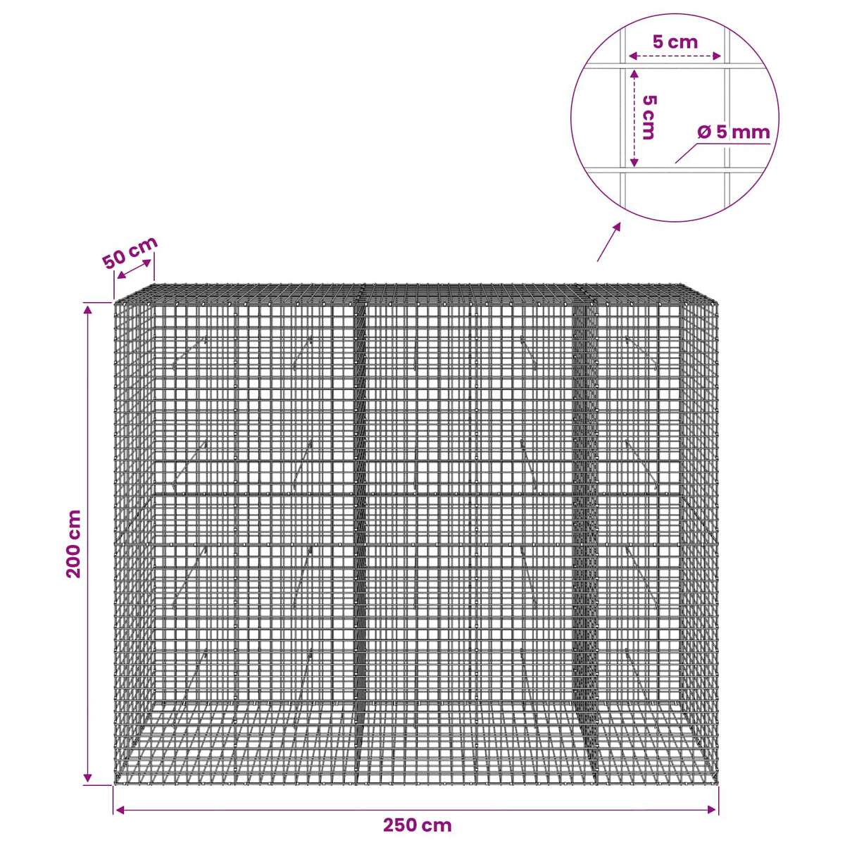 Gabionas su 5 mm viela ir 5x5 cm tinkleliu 250x50x200 cm