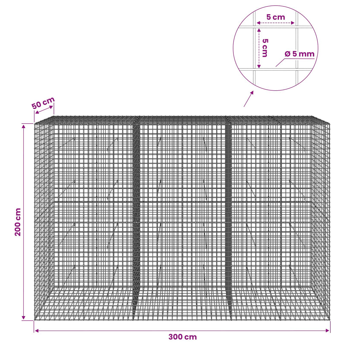 Gabionas su 5 mm viela ir 5x5 cm tinkleliu 300x50x200 cm
