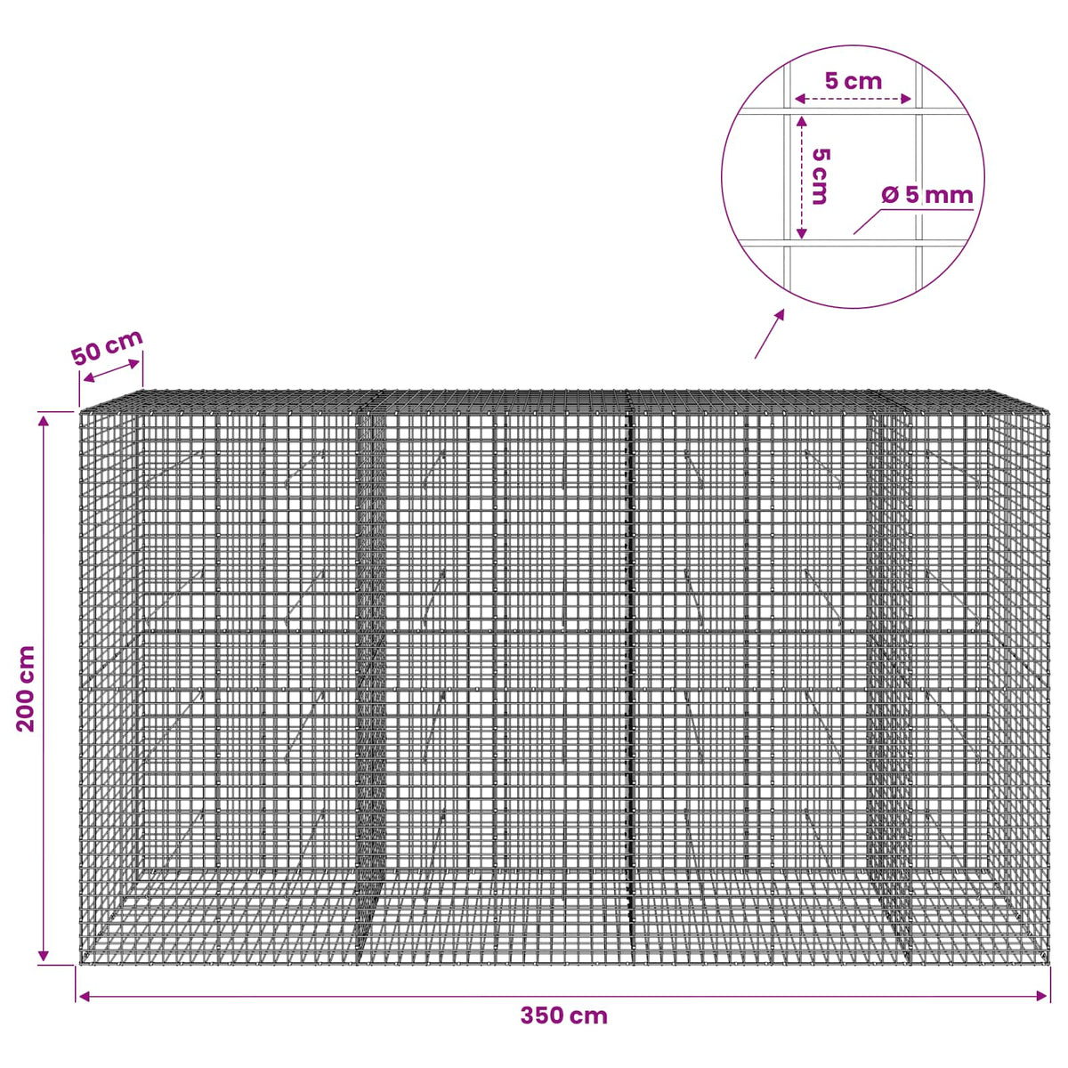 Gabionas su 5 mm viela ir 5x5 cm tinkleliu 350x50x200 cm