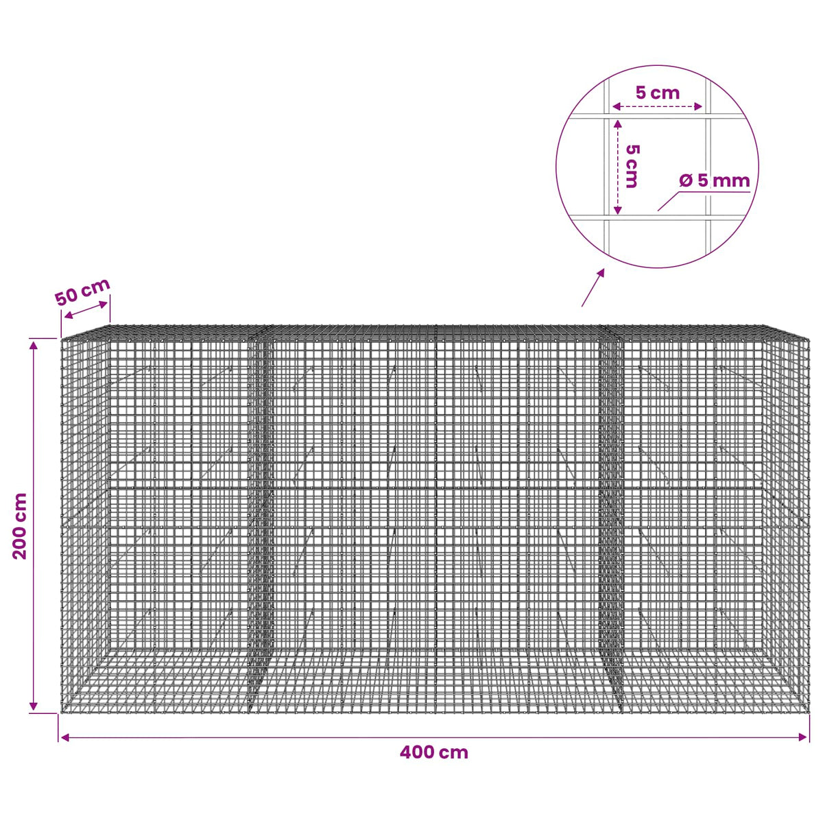 Gabionas su 5 mm viela ir 5x5 cm tinkleliu 400x50x200 cm