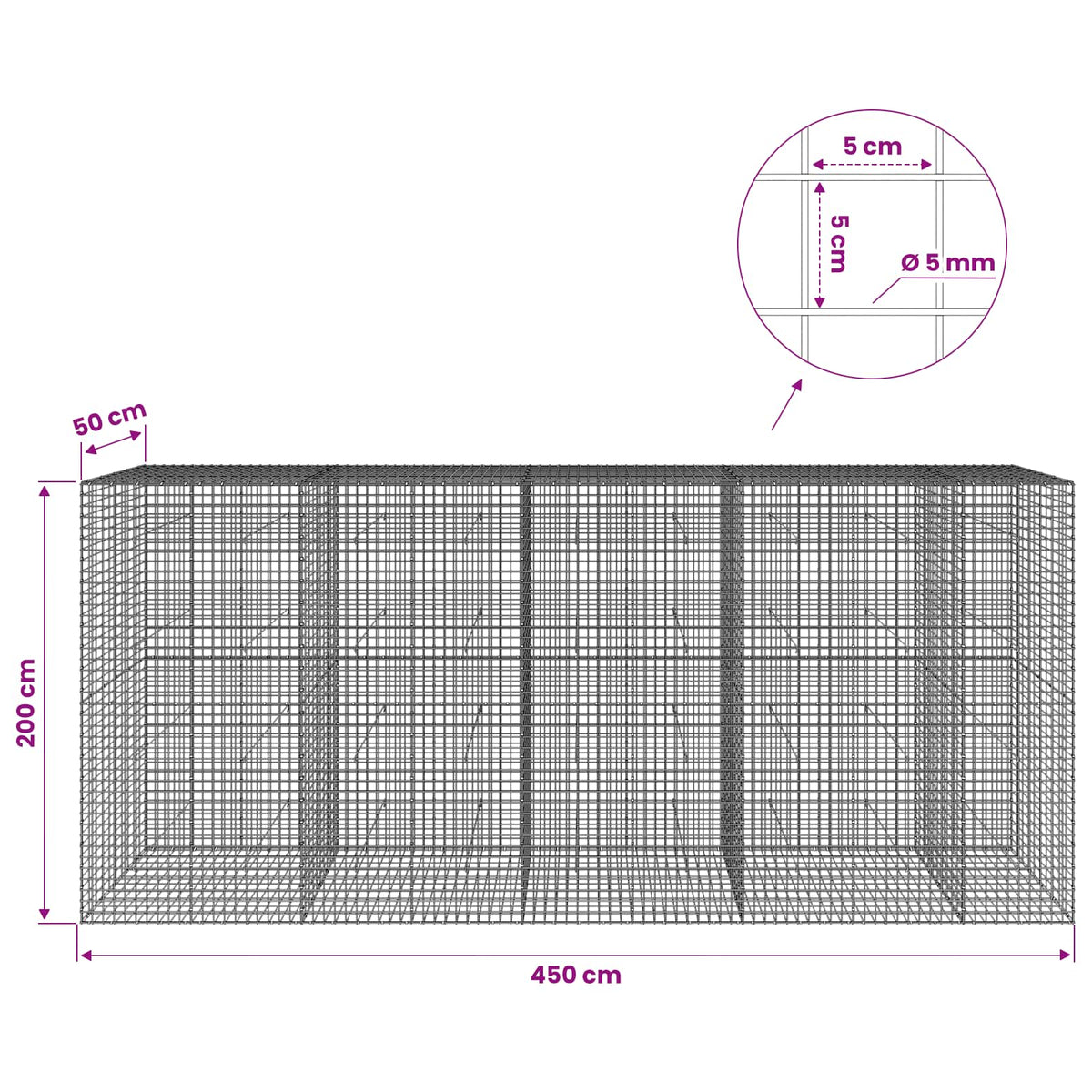 Gabionas su 5 mm viela ir 5x5 cm tinkleliu 450x50x200 cm