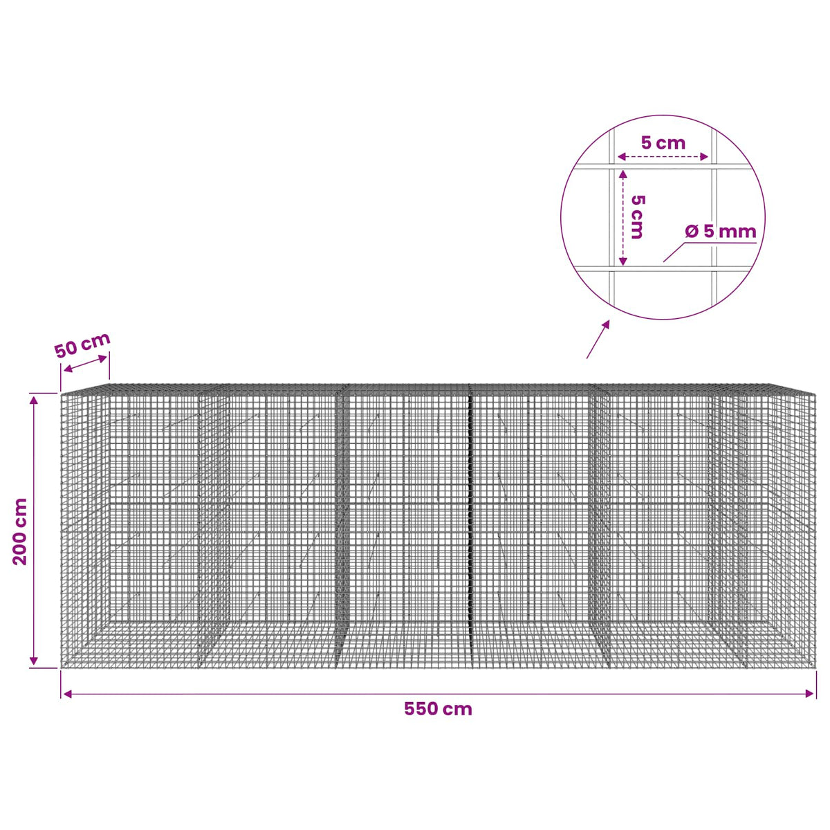 Gabionas su 5 mm viela ir 5x5 cm tinkleliu 550x50x200 cm
