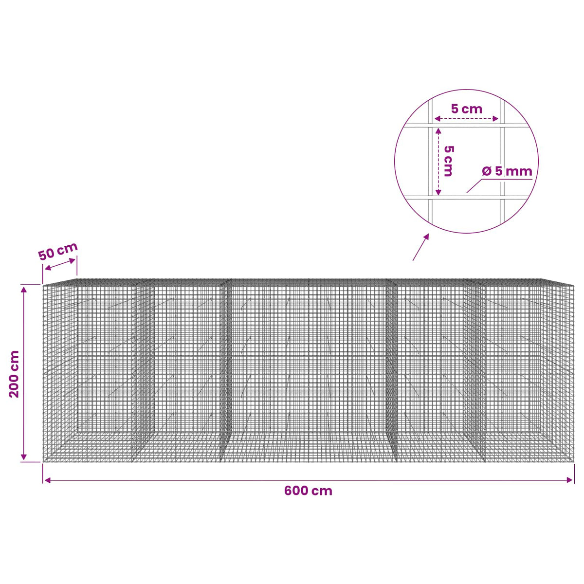 Gabionas su 5 mm viela ir 5x5 cm tinkleliu 600x50x200 cm